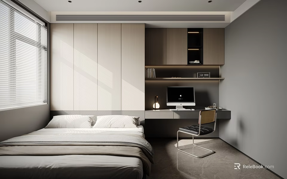 Modern Tatami Bedroom Interior Design With Desk Storage And Window 3d model 