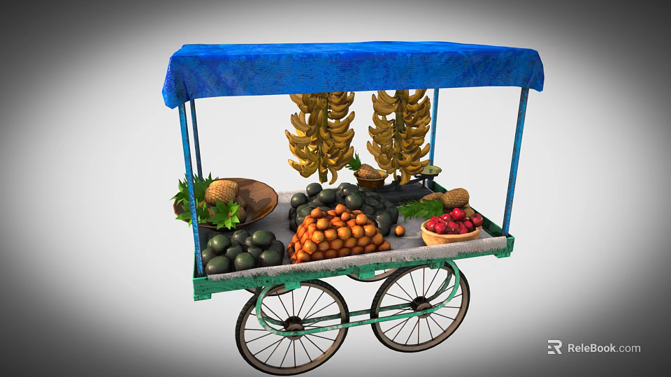 Commercial Green Mobile Fruit Cart With Blue Canopy And Assorted Fresh Fruits 3d model 