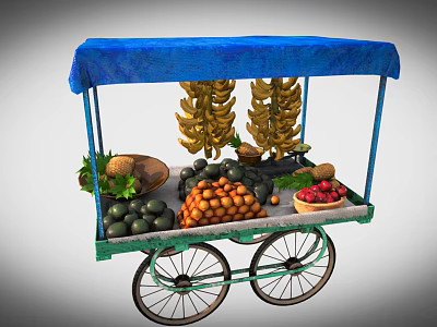 Commercial Green Mobile Fruit Cart With Blue Canopy And Assorted Fresh Fruits 3d model