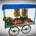 Commercial Green Mobile Fruit Cart With Blue Canopy And Assorted Fresh Fruits