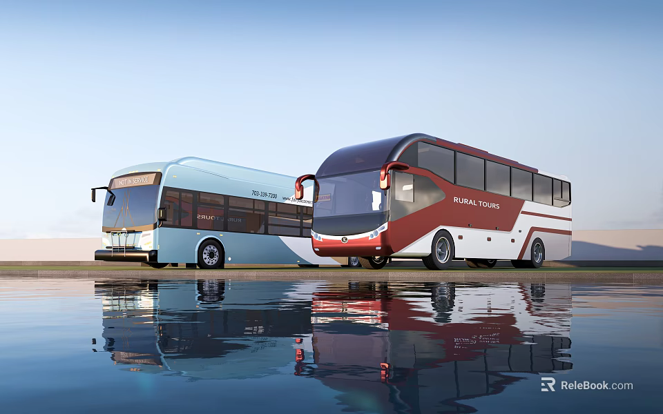 Blue and Red Modern Buses Parked by Water with Clear Reflections in Scenic Outdoor Setting 3d model 