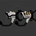 Futuristic Handheld Weapon With White Body Black Parts Yellow Accents And Green