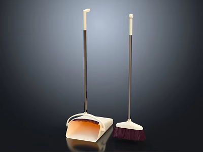Modern Household Cleaning Tools White Dustpan With Orange Interior And Purple Broom 3d model