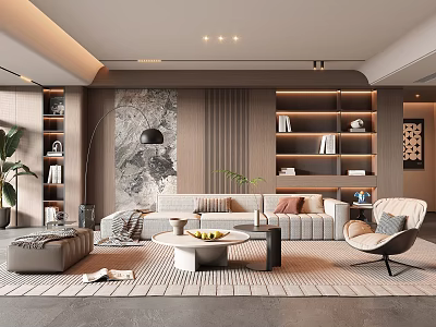 Modern Living Room Interior With Sofa Coffee Table Bookshelves Wall Art And Rug 3d model