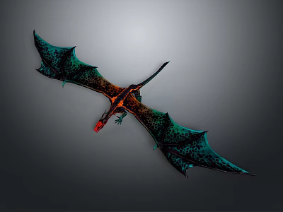 Mythical Dragon Character 3D Model With Large Teal And Orange Wings In Flight Pose 3d model
