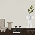 Minimalist Modern Ornamental Decor Set With Vase Tray Geometric Decorations And Plant On Wooden Table
