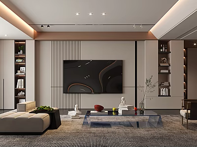 Modern Living Room TV Wall Striped Design Bookshelves Beige Sofa Glass Coffee Table Geometric Rug 3d model