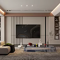 Modern Living Room TV Wall Striped Design Bookshelves Beige Sofa Glass Coffee Table Geometric Rug