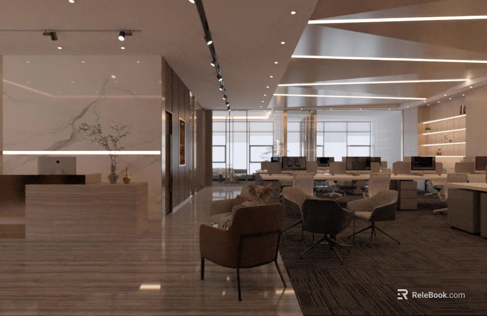 Modern Public Office Space Interior With Open Layout Workstations Office Chairs And Natural Light Windows 3d model 