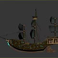 Detailed Wooden Sailing Ship Model With Green Sails And Illuminated Blue Hull