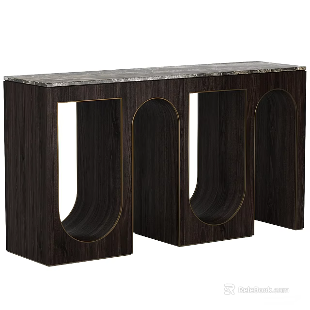 Modern Dark Wood Console Side Cabinet With Marble Top And Arched Cutouts 3d model 