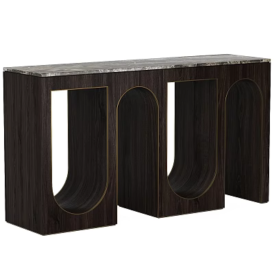 Modern Dark Wood Console Side Cabinet With Marble Top And Arched Cutouts 3d model