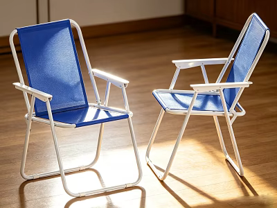 Blue Foldable Armchairs With White Metal Frame On Wooden Floor In Sunlight 3d model