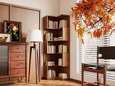 Modern Wooden Bookcase In Cozy Room With Books Floor Lamp And Autumn Leaves 3d model
