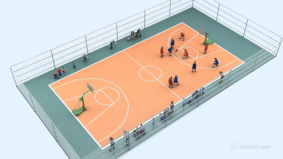 Indoor Basketball Court With Players Playing And Spectators Surrounding Fence 3d model 
