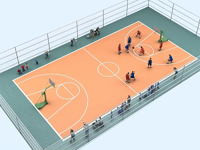 Indoor Basketball Court With Players Playing And Spectators Surrounding Fence 3d model