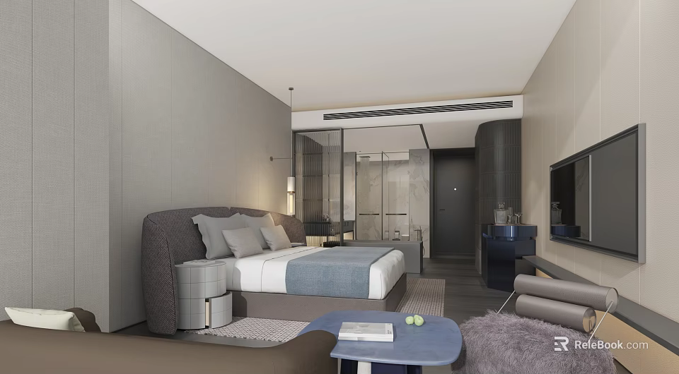 Modern Hotel Room Interior With King Bed Sofa TV Coffee Table And Neutral Decor 3d model 