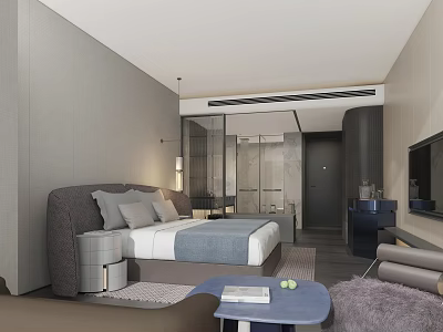 Modern Hotel Room Interior With King Bed Sofa TV Coffee Table And Neutral Decor 3d model