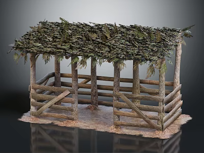 Rustic Wooden Shelter With Moss Covered Roof Wooden Posts Railings And Earthen Ground 3d model