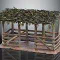 Rustic Wooden Shelter With Moss Covered Roof Wooden Posts Railings And Earthen Ground