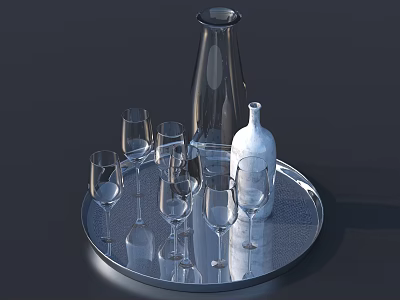 Elegant Dinnerware Set With Transparent White Bottles And Wine Glasses On Silver Tray 3d model