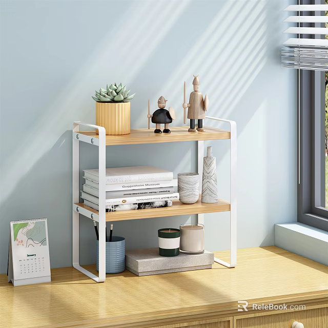 Three Tiered Bookshelf with White Frame Wooden Shelves in Bright Room Holding Books Plants Decor 3d model 