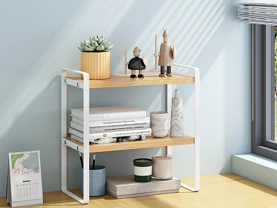 Three Tiered Bookshelf with White Frame Wooden Shelves in Bright Room Holding Books Plants Decor 3d model