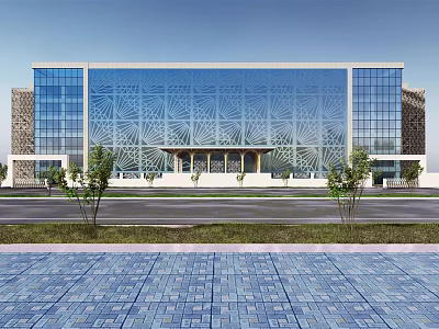 Modern Architectural Building With Glass Facade Geometric Patterns And Trees In Front Plaza 3d model