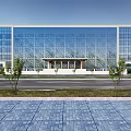 Modern Architectural Building With Glass Facade Geometric Patterns And Trees In Front Plaza