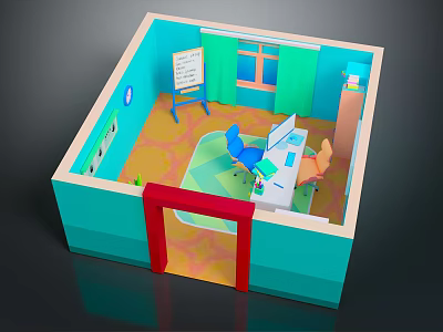 Cartoon Room Interior Design With Blue Walls Red Door Whiteboard And Chairs 3d model