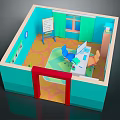 Cartoon Room Interior Design With Blue Walls Red Door Whiteboard And Chairs