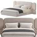 Modern Upholstered Double Bed With Curved Headboard Beige Fabric And Soft Pillows Throw Blanket