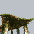 Lush Climbing Plants Covered Pergola with Wooden Frame and Stone Column Bases