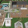 Park Landscape with Multiple Cottages Green Lawn Water Pond Patio and Outdoor Seating Areas