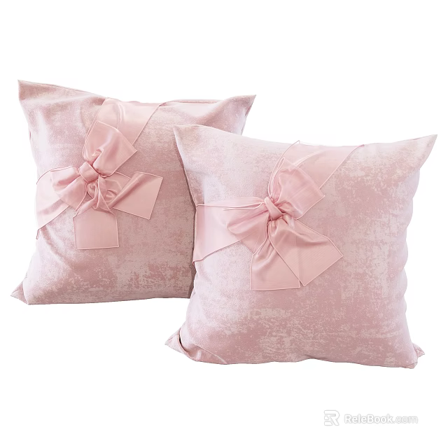 Two Soft Pink Textured Pillows With Large Bowknots And Velvet Surface For Decor 3d model 