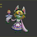 Cute Cat Eared Girl Holding Tray With Ice Cream Dessert And Heart Pattern Dress
