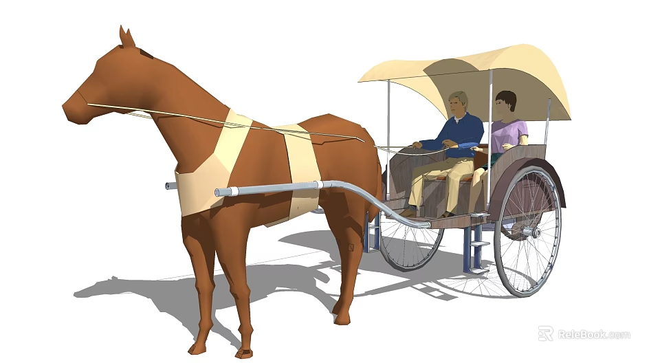 Brown Horse Drawn Carriage With Canopy And Two People Riding 3d model 