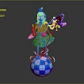 Colorful Haired Character In Blue Dress With Purple Pink Creature On Checkered Ball