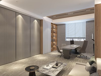 Modern Office Interior Design With Sofa Coffee Table Conference Table Chairs And Wooden Blinds 3d model