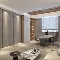 Modern Office Interior Design With Sofa Coffee Table Conference Table Chairs And Wooden Blinds