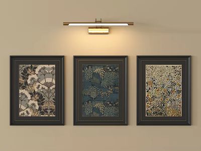 Three Framed Artworks On Beige Wall With Above Wall Light Fixture 3d model