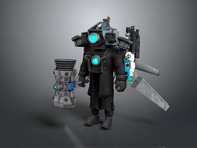 Mechanical Game Movie Character With Glowing Blue Lights Jetpack And Weapon Gear Design 3d model