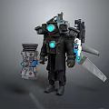 Mechanical Game Movie Character With Glowing Blue Lights Jetpack And Weapon Gear Design