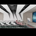 Modern Conference Room Interior With Arranged Seats Podium And Geometric Wall Design