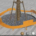 Orange Curved Outdoor Chairs In Circular Arrangement Around Tree With Stone Pavement And Colorful Balls