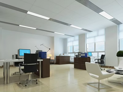 Modern Public Office Space With Workstations Desks Computers White Chairs And Natural Light 3d model
