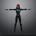 Woman with red hair wearing blue tight suit and black belt arms outstretched