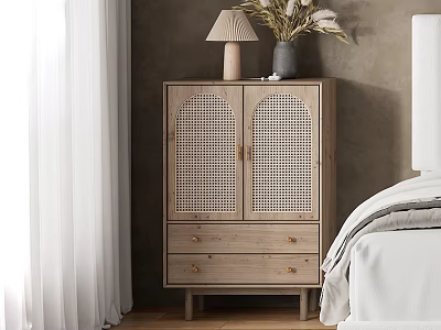 Natural Wood Dresser with Woven Panel Doors and Drawers in Bedroom Interior 3d model