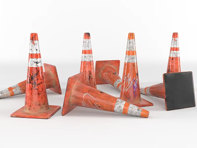 Public Facilities Orange Traffic Cones With White Stripes Worn Surfaces And Graffiti 3d model