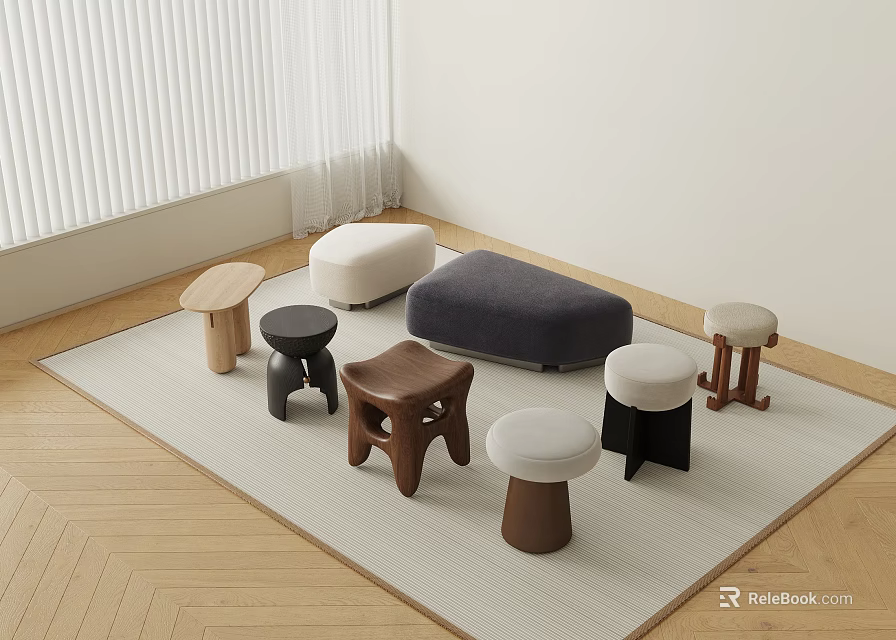 Modern Stools With Various Shapes And Colors On A Soft Carpet In Natural Light 3d model 